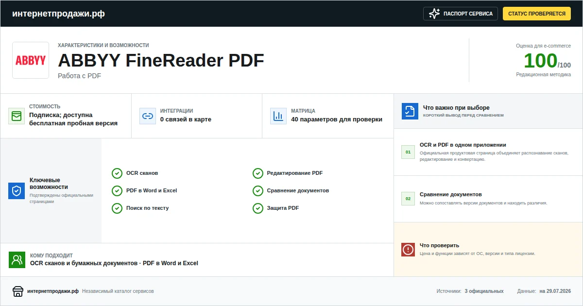 Паспорт сервиса ABBYY FineReader PDF: характеристики, стоимость, возможности, интеграции и ограничения