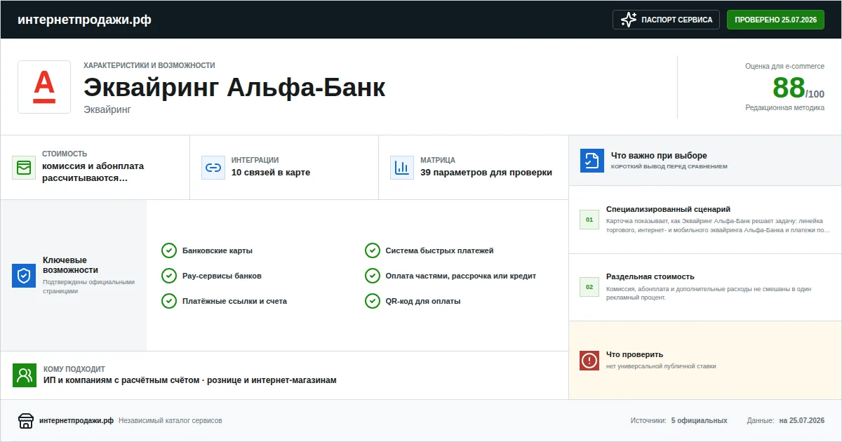 Паспорт сервиса Эквайринг Альфа-Банк: характеристики, стоимость, возможности, интеграции и ограничения