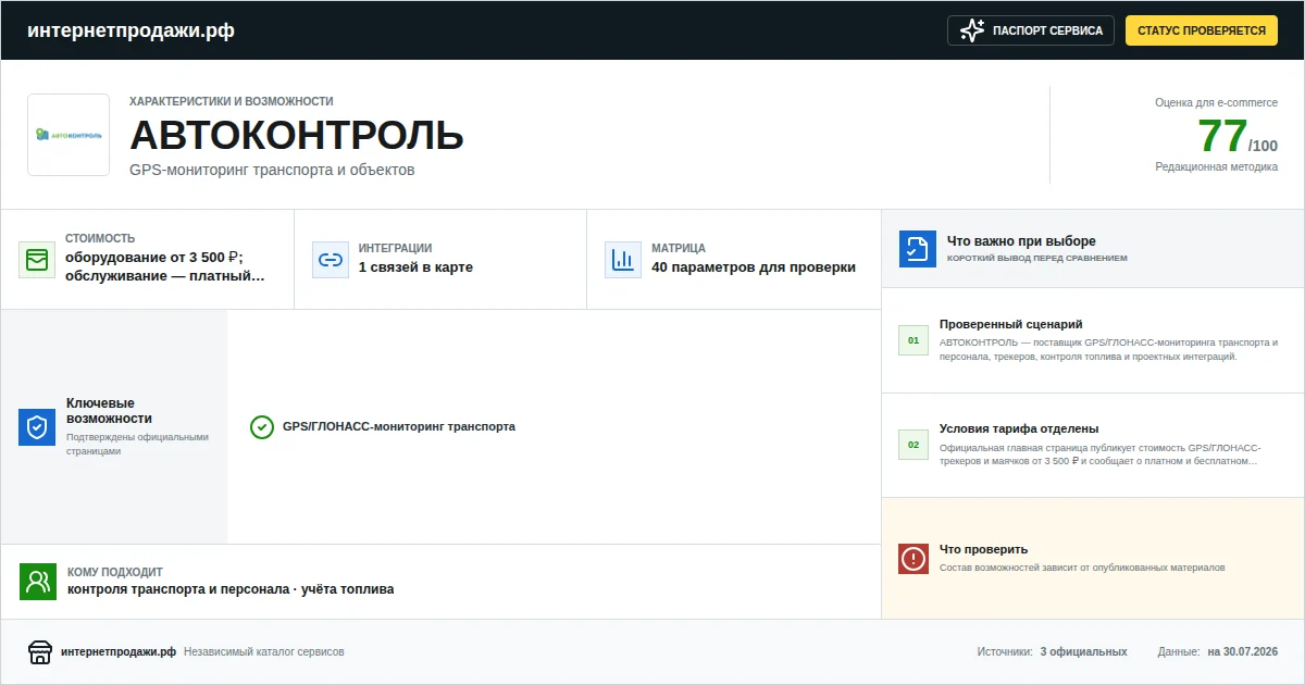 Паспорт сервиса АВТОКОНТРОЛЬ: характеристики, стоимость, возможности, интеграции и ограничения