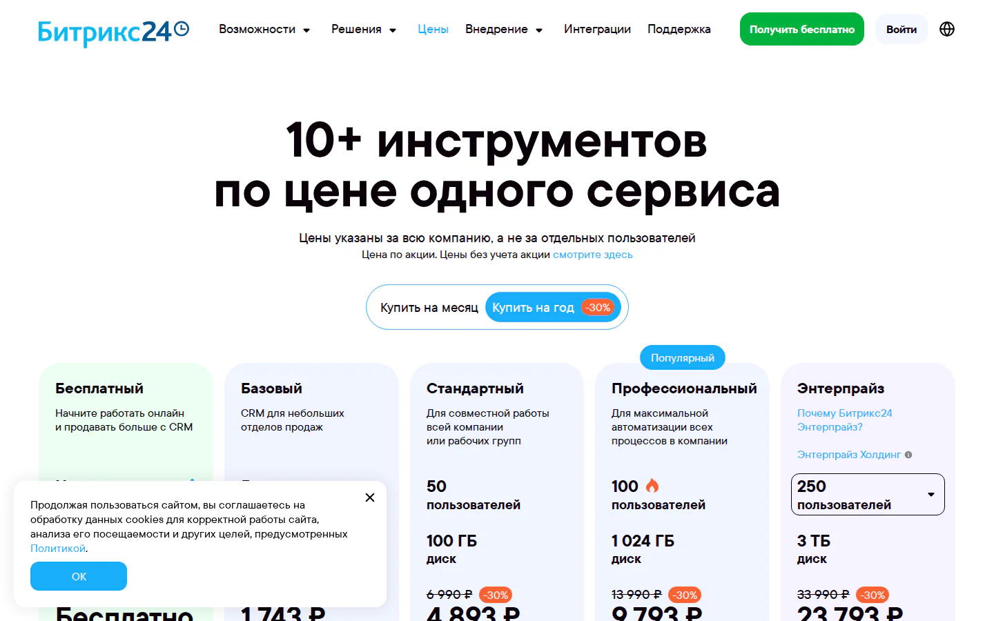 Официальные облачные тарифы Битрикс24 за компанию
