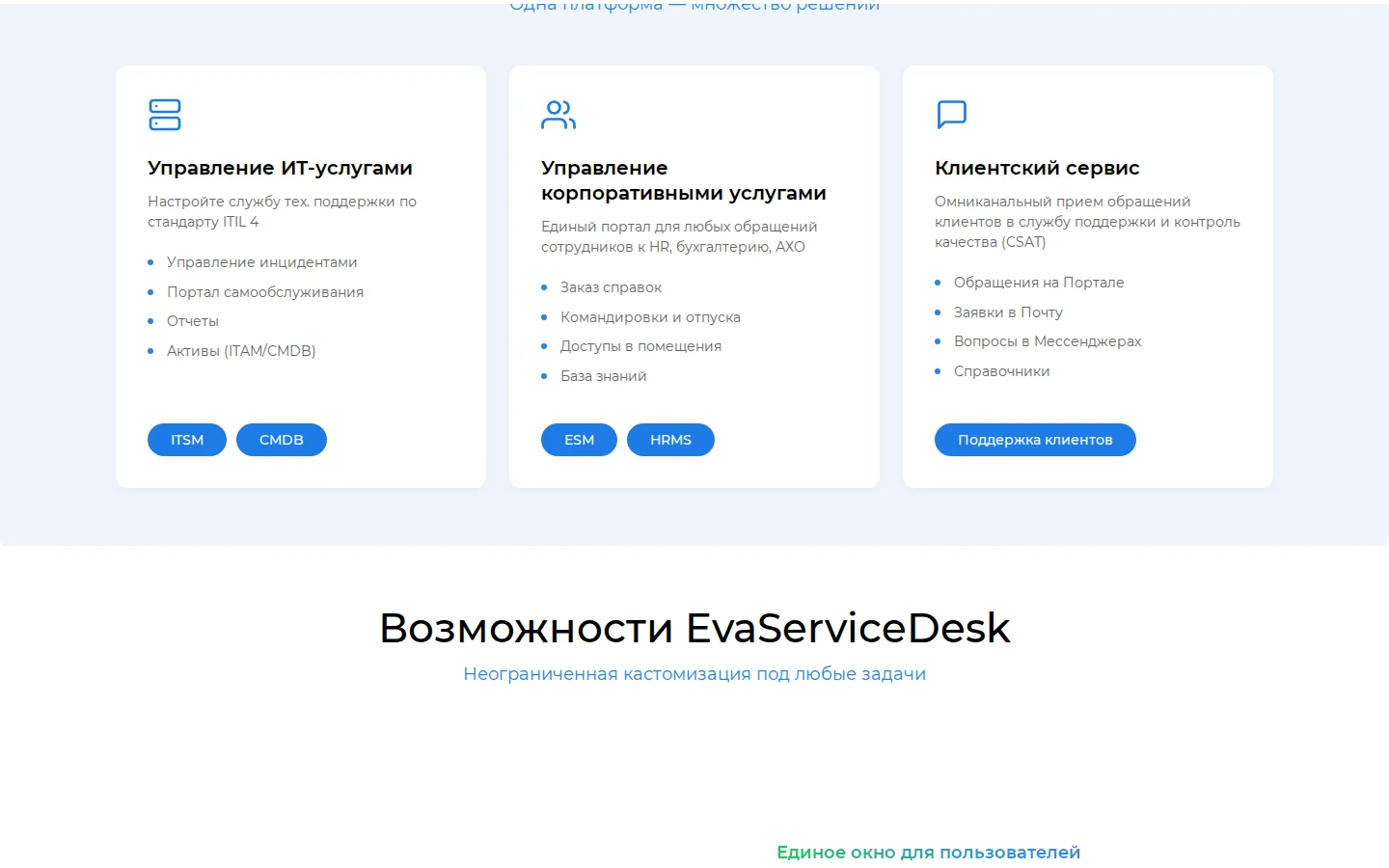 Официальные функциональные характеристики EvaServiceDesk