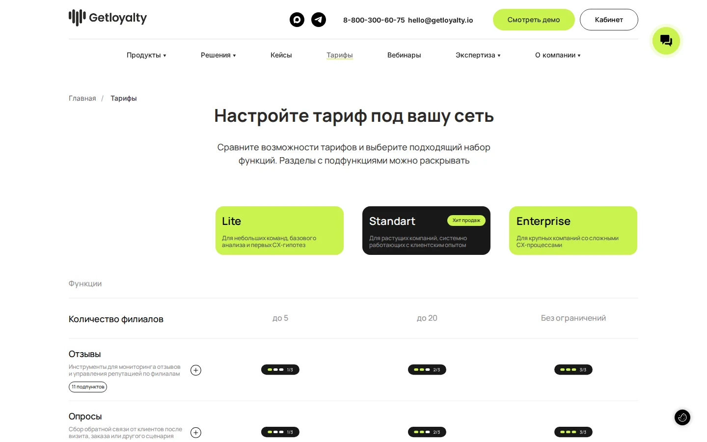 Getloyalty — сравнение тарифов. Официальный экран поставщика, проверено 27 июля 2026 года