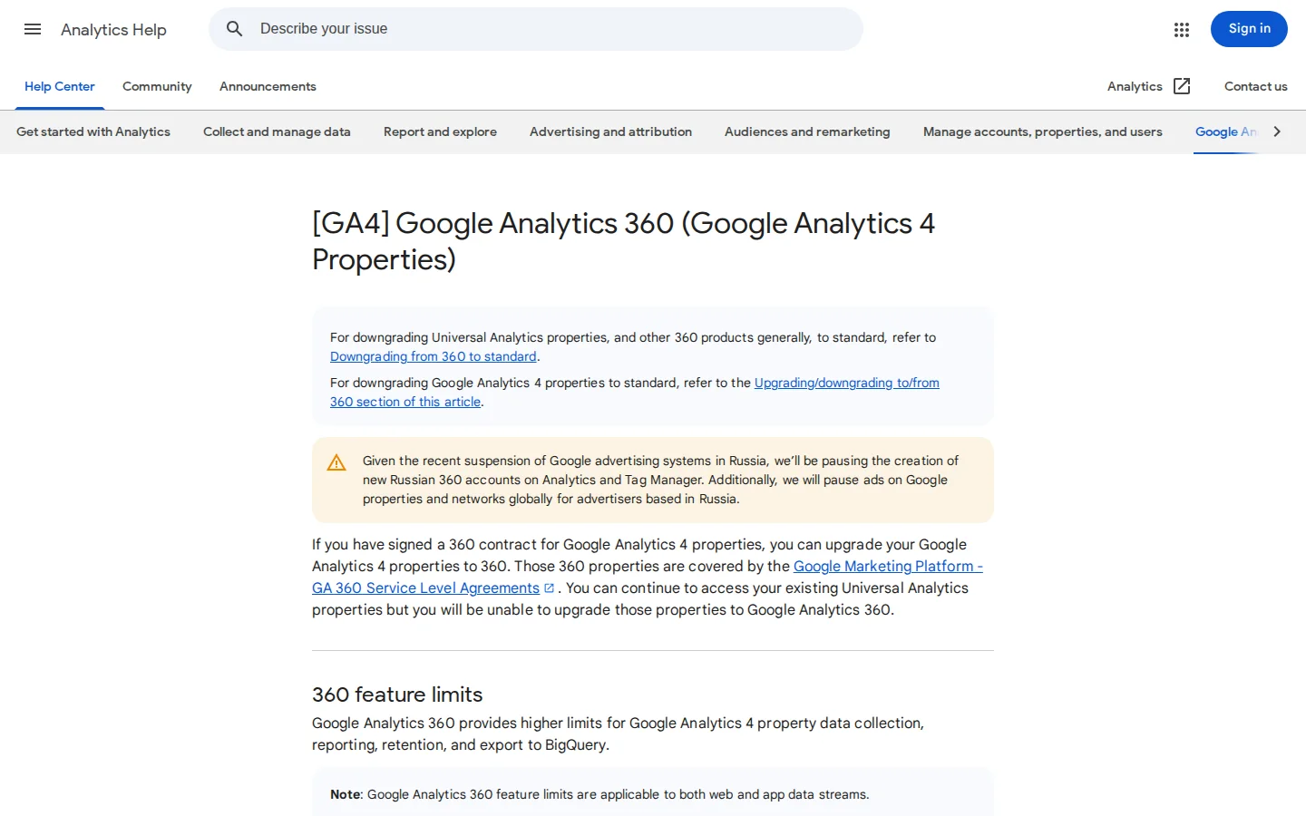 Официальные лимиты Google Analytics Standard и 360 и уведомление об ограничении новых российских аккаунтов