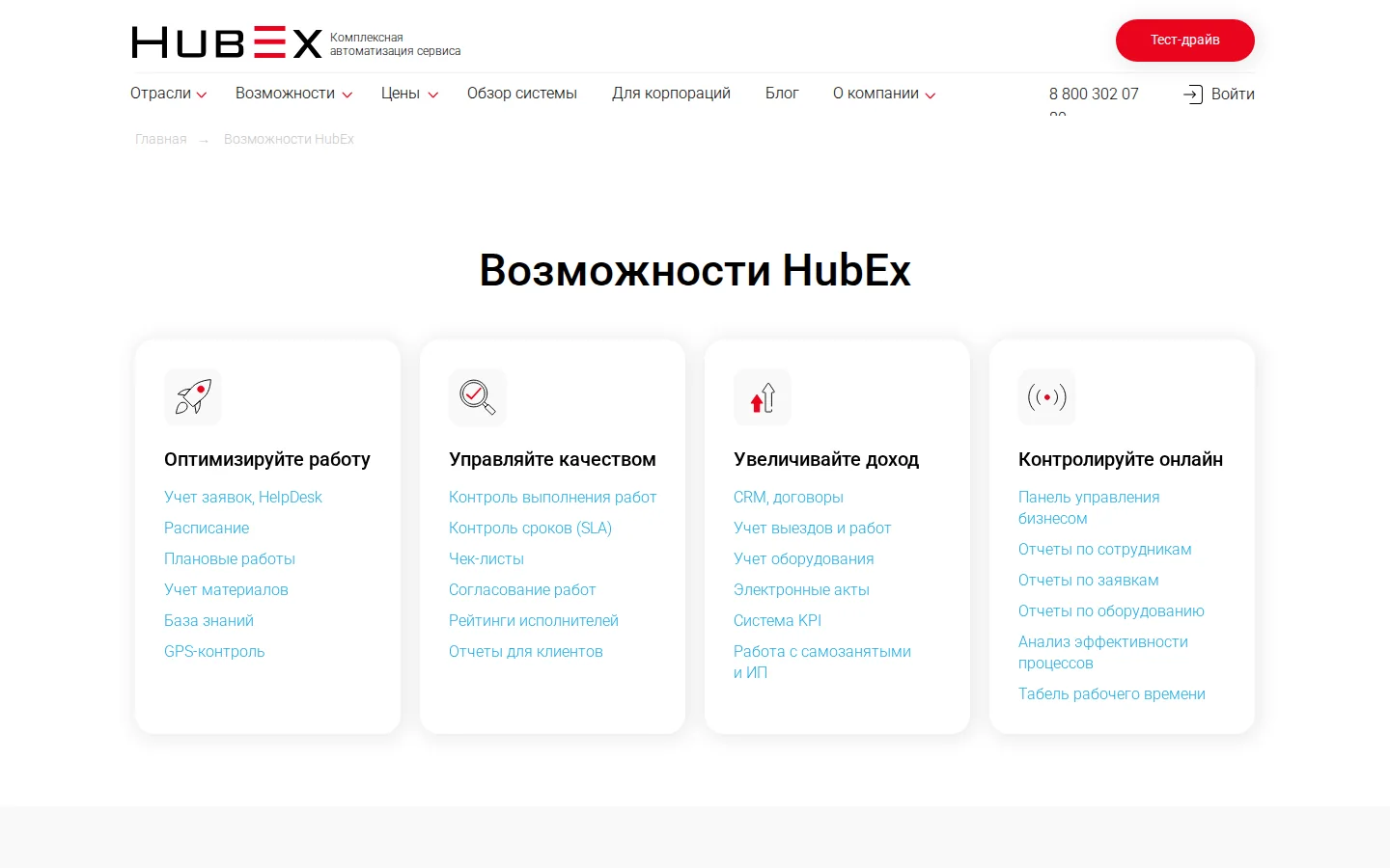 Официальные функциональные характеристики HubEx