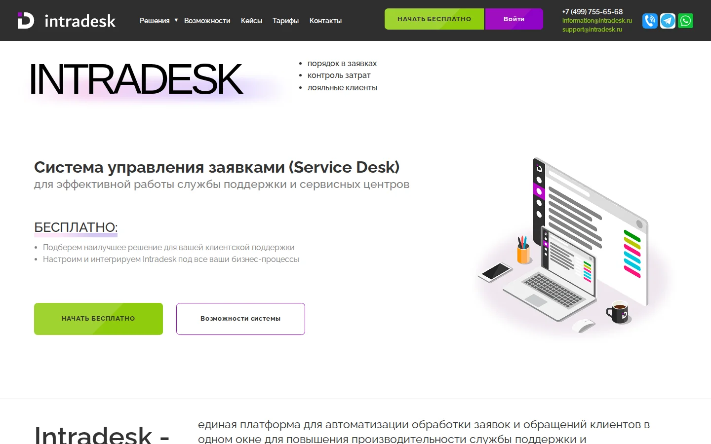 Официальная страница Intradesk с описанием продукта для поддержки клиентов