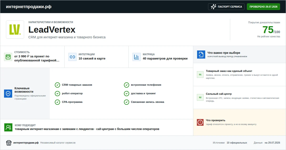 Паспорт сервиса LeadVertex: характеристики, стоимость, возможности, интеграции и ограничения