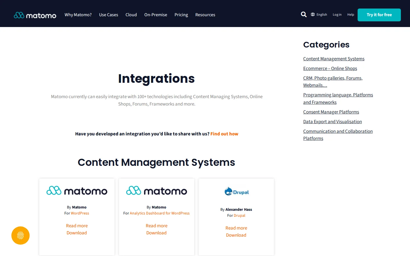 Официальный каталог интеграций Matomo с CMS интернет-магазинами BI и платформами автоматизации