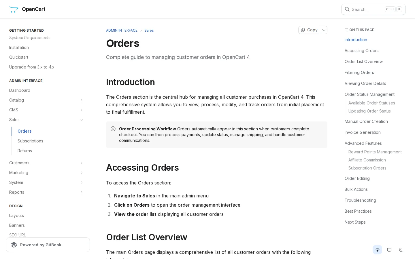 Официальная документация заказов OpenCart
