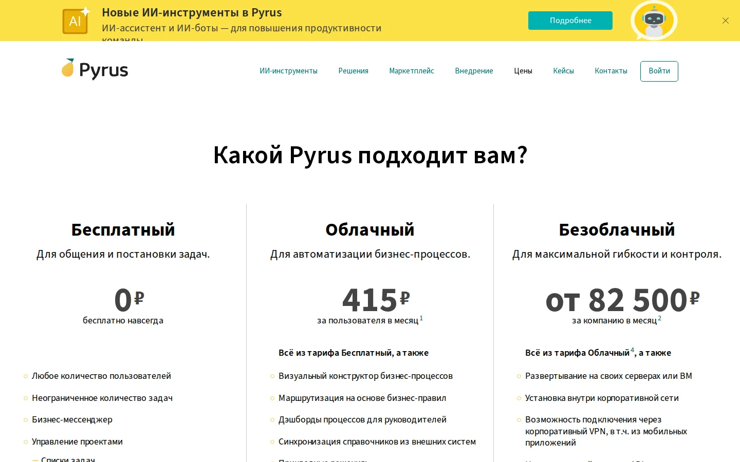 Официальная страница тарифов и условий Pyrus
