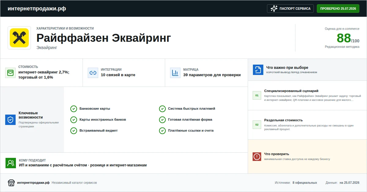 Паспорт сервиса Райффайзен Эквайринг: характеристики, стоимость, возможности, интеграции и ограничения