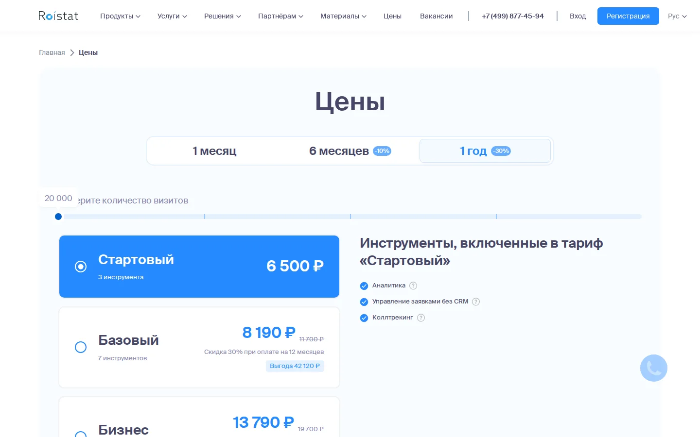 Официальные тарифы Roistat по числу визитов и составу инструментов