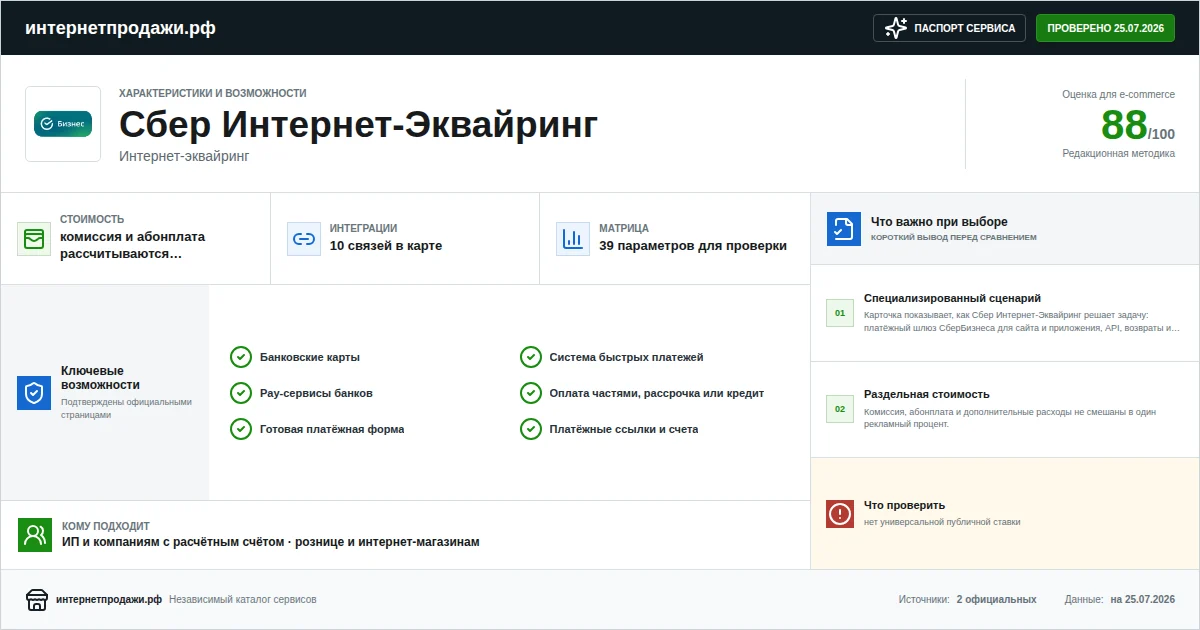 Паспорт сервиса Сбер Интернет-Эквайринг: характеристики, стоимость, возможности, интеграции и ограничения