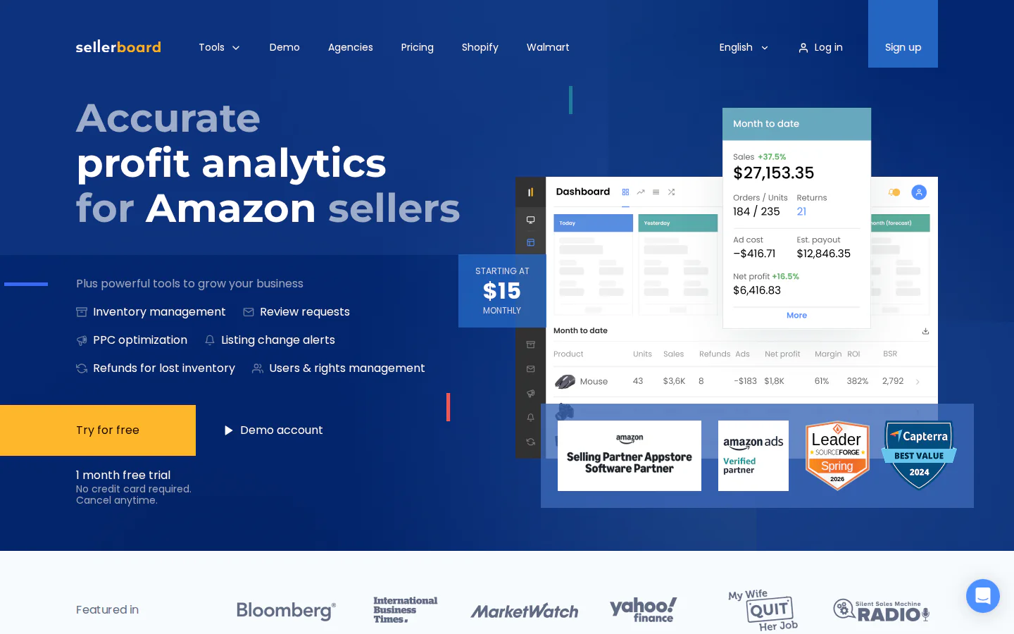 Официальная главная sellerboard с аналитикой прибыли Amazon