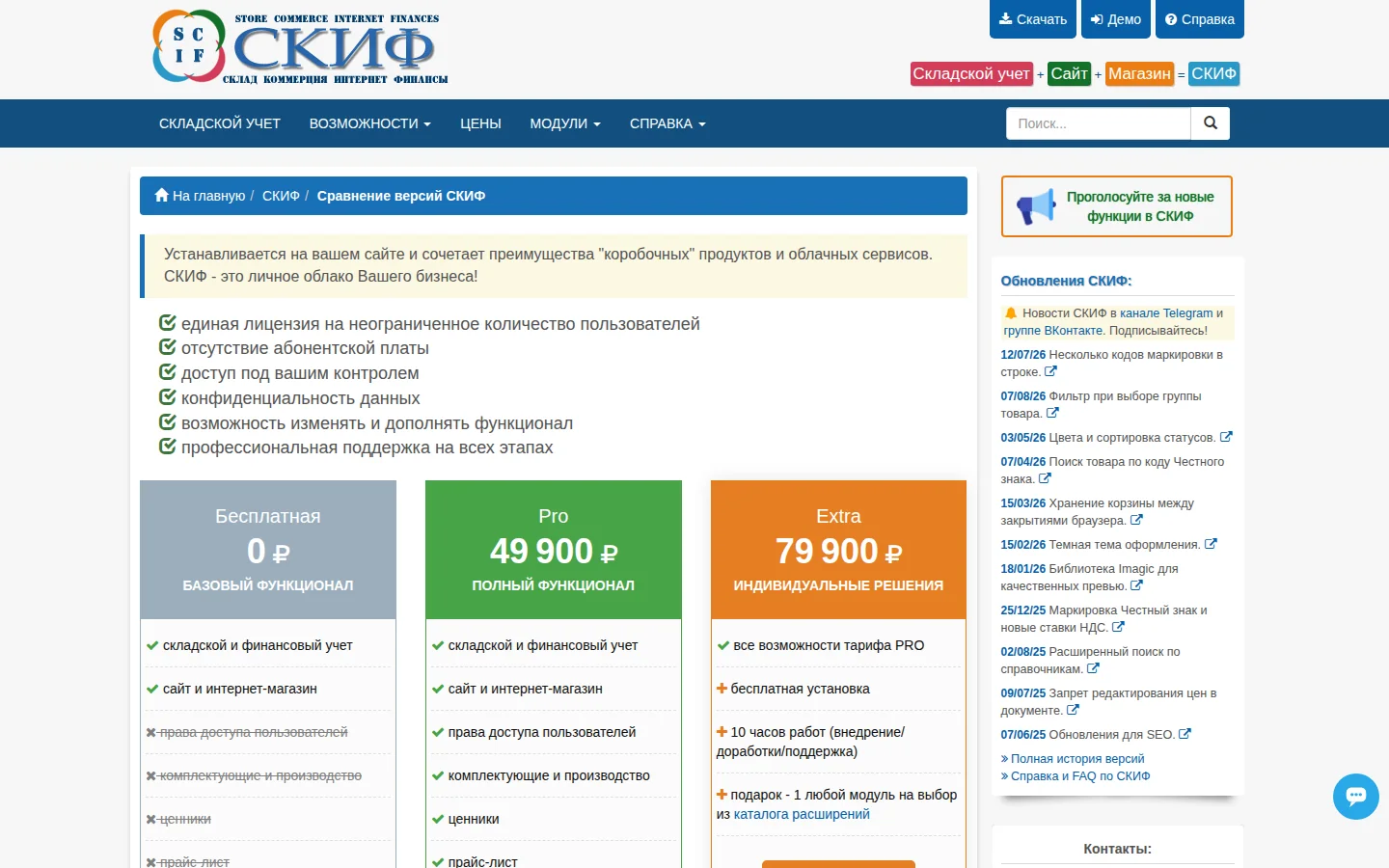Официальные тарифы СКИФ Бесплатная Pro и Extra без абонентской платы