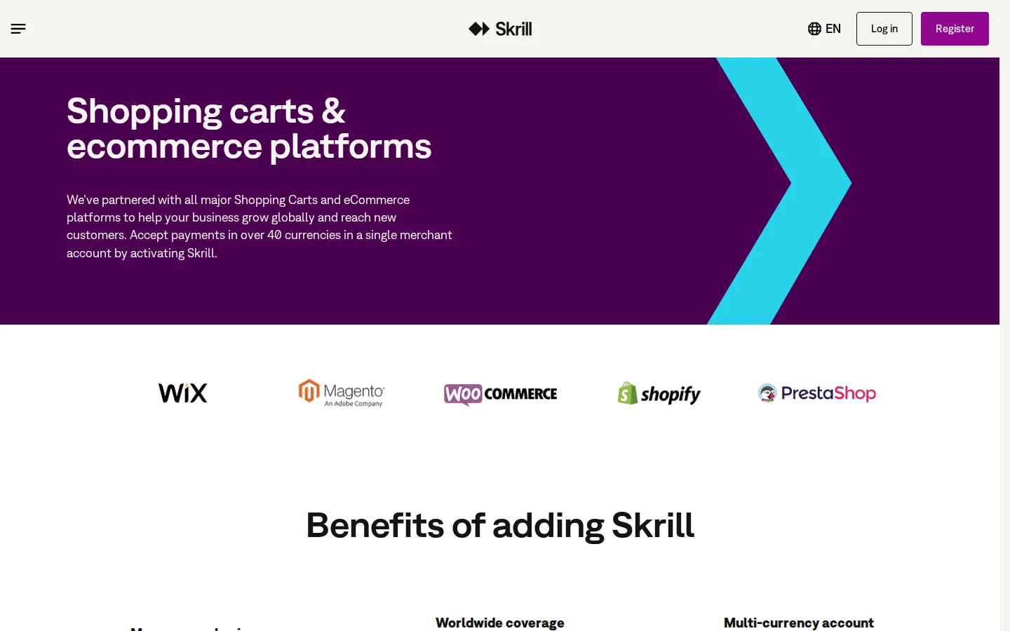 Официальная страница интеграций Skrill для e-commerce