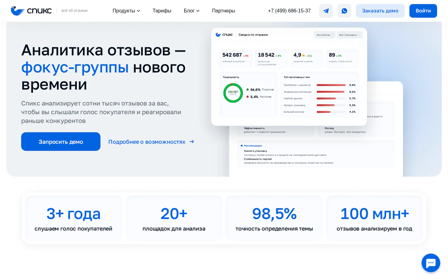 Официальная страница Спикс с аналитикой отзывов маркетплейсов