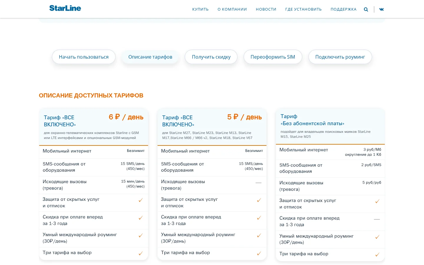 Официальные тарифы StarLine