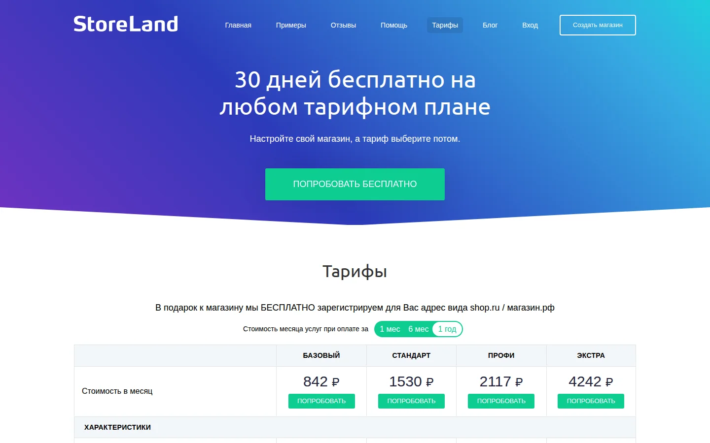 официальные тарифы Storeland Базовый Стандарт Профи Экстра