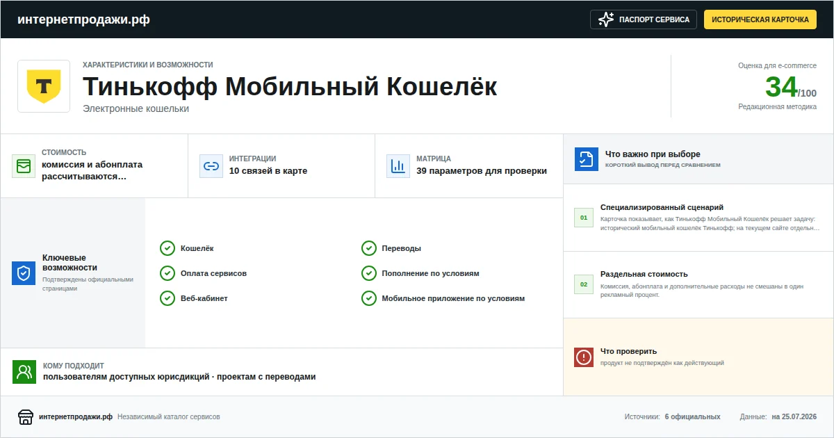 Паспорт сервиса Тинькофф Мобильный Кошелёк: характеристики, стоимость, возможности, интеграции и ограничения