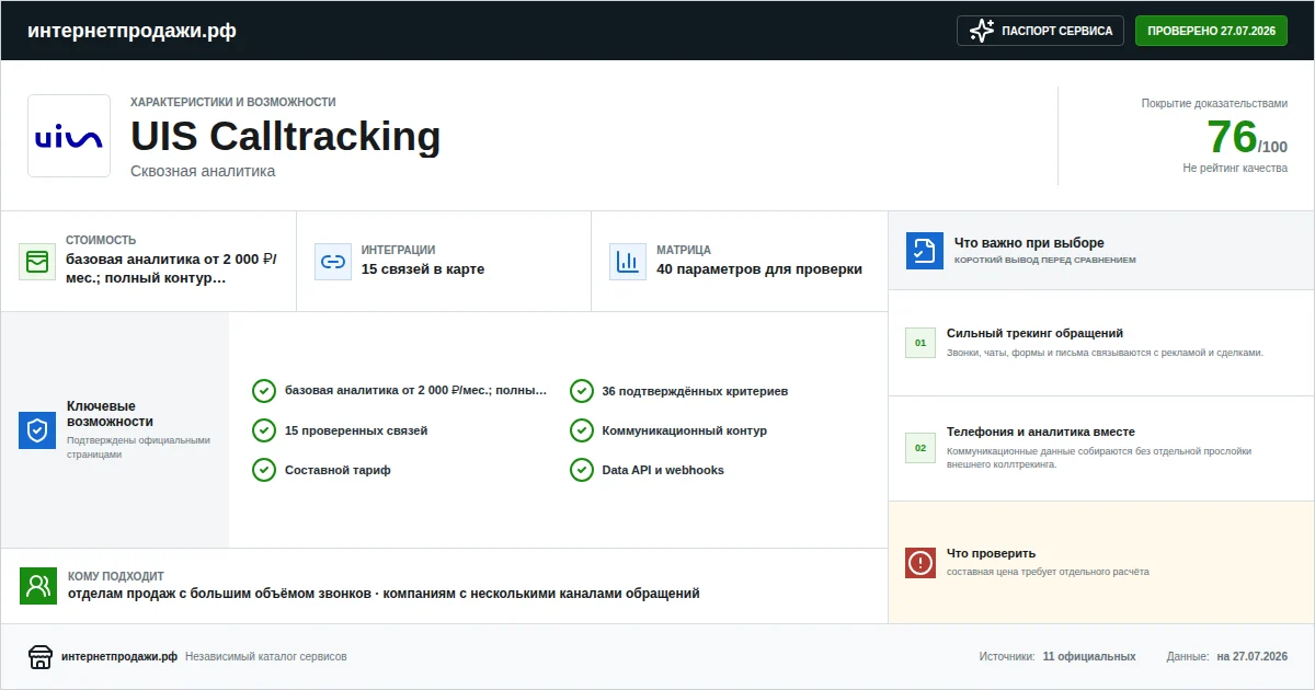 Паспорт сервиса UIS Calltracking: характеристики, стоимость, возможности, интеграции и ограничения