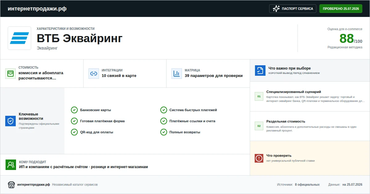Паспорт сервиса ВТБ Эквайринг: характеристики, стоимость, возможности, интеграции и ограничения