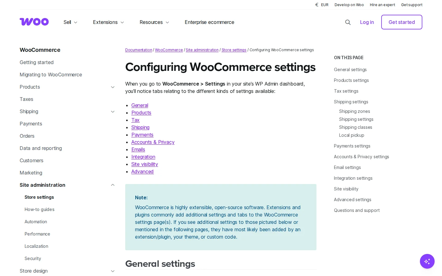 Официальная документация настроек WooCommerce